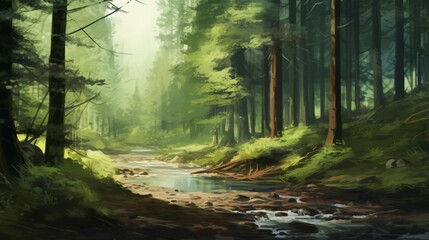 Obraz premium A serene forest scene with lush trees and a gentle stream, leaving space for text overlay against the tranquil natural setting - Generative AI