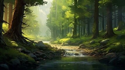 A serene forest scene with lush trees and a gentle stream, leaving space for text overlay against the tranquil natural setting - Generative AI