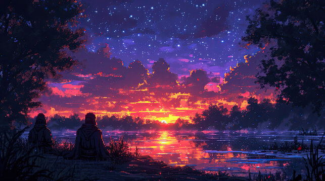 A group of nights sat around a fire with a retro pixel art themed background