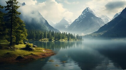 A serene lake nestled among towering mountains, offering a tranquil space for text placement against the majestic natural landscape. - Generative AI