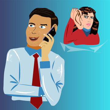A woman eavesdrops on a man talking on the phone