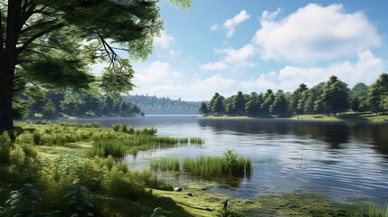 A serene lake surrounded by lush greenery and bathed in daylight, reflecting the peaceful beauty of a daytime lakeside vista - Generative AI