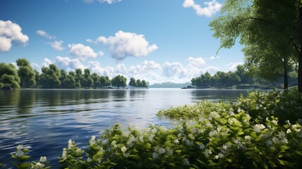 A serene lake surrounded by lush greenery and bathed in daylight, reflecting the peaceful beauty of a daytime lakeside vista - Generative AI