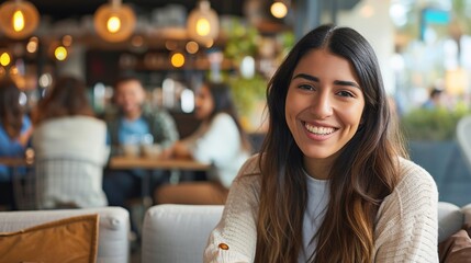 Friendly Young Woman with Warm Smile in a Cafe
 - obrazy, fototapety, plakaty