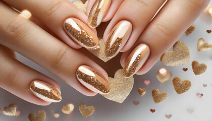 Manicure for Valentine Day gold luxury nails.  - obrazy, fototapety, plakaty