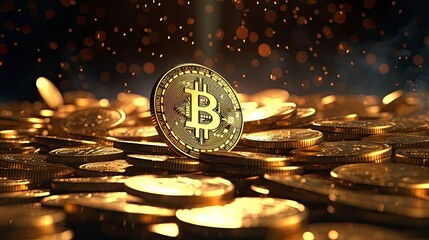 Bitcoin golden coins scattered background. Crypto web 3 metaverse. Digital gold BTC treasure blockchain wallpapers.