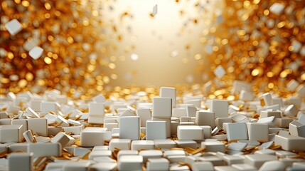 illustration of glittering gold confetti and small white boxes scattered around. background blur