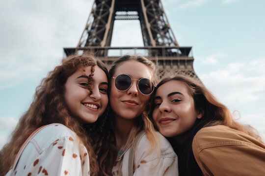 girls with friends stand in front of the eiffel tower.