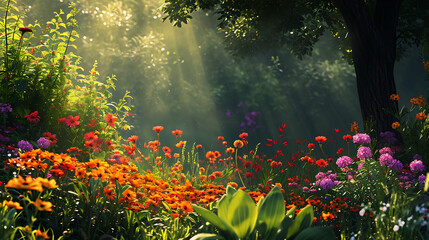 Um jardim ensolarado resplandece com uma variedade de flores vibrantes e vegetação exuberante - obrazy, fototapety, plakaty