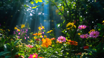 Um jardim ensolarado resplandece com uma variedade de flores vibrantes e vegetação exuberante - obrazy, fototapety, plakaty