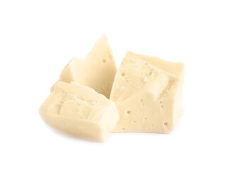 Pieces of tasty chocolate isolated on white