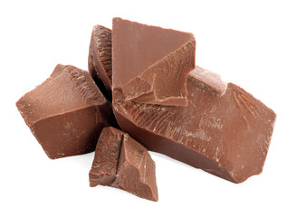 Pieces of tasty milk chocolate isolated on white