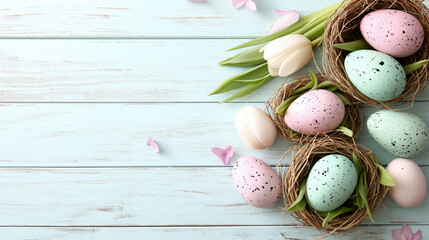 Light pink and blue quail eggs in nests on wooden background with space for text. Easter banner - obrazy, fototapety, plakaty