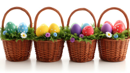 Fototapeta na wymiar Four Easter baskets filled with eggs and flowers, white background