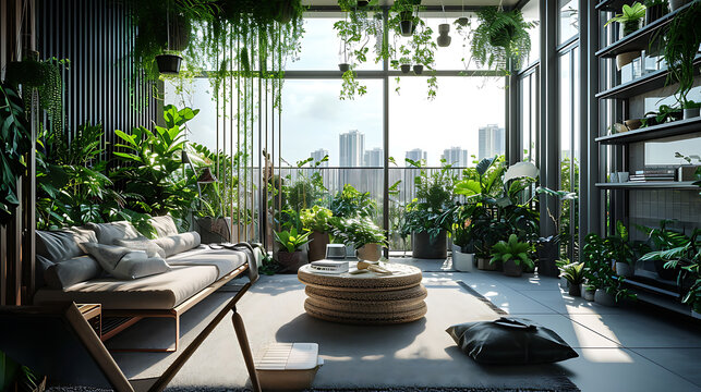Um apartamento urbano ensolarado e adornado com vegetação exuberante e plantas em vasos emana uma vibe fresca e vibrante