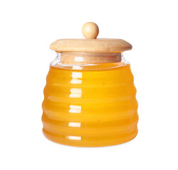 Tasty natural honey in glass jar isolated on white
