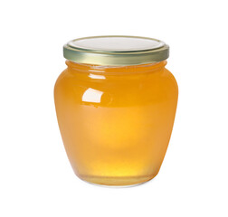 Tasty natural honey in glass jar isolated on white