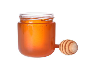 Tasty natural honey in glass jar and dipper isolated on white