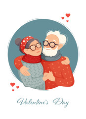 Valentine's Day. Happy elderly couple in love. Valentine's day card. Grandparents, red hearts on white background. Flat illustration.