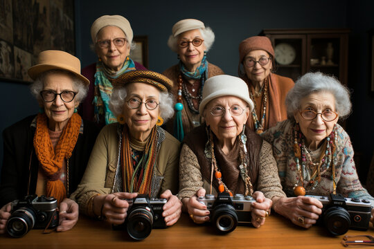 A lively gathering of seniors in a photography club, capturing the beauty of life through their lens and embracing the art of storytelling. - Powered by Adobe