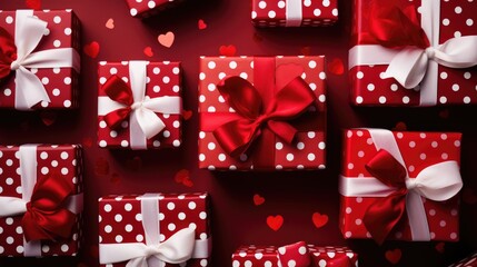 Festive Arrangement - Bold Red Background with Heart Patterned Gift Boxes, Valentine's Day Concept
