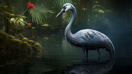 Fototapeta premium Elegant Crane in Tranquil Waters Reflecting Serenity - AI-Generative