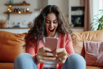 Happy excited young latin woman relaxing on couch using phone winning money in online app game. Young lucky woman feeling winner looking at cellphone, receiving great news or discount offer. - obrazy, fototapety, plakaty
