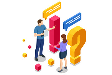 Isometric Question Marks, Message box with question, Chatbot technology, AI chat bot based on artificial intelligence. Woman and Man Ask Questions and receive Answers.