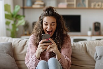 Happy excited young latin woman relaxing on couch using phone winning money in online app game. Young lucky woman feeling winner looking at cellphone, receiving great news or discount offer. - obrazy, fototapety, plakaty