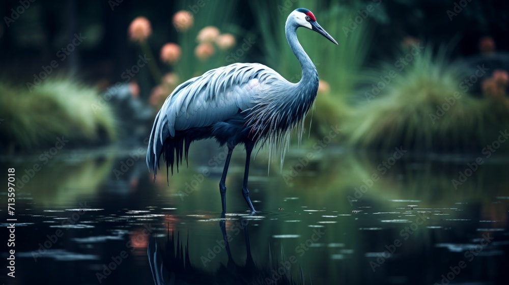 Poster elegant crane in tranquil waters reflecting serenity - ai-generative