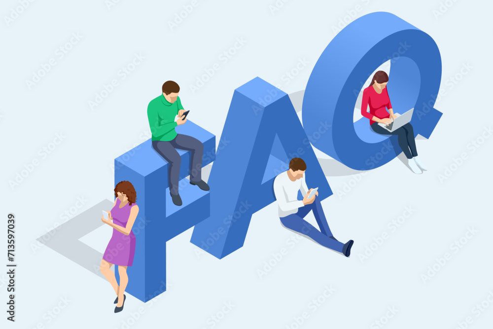 Poster isometric question marks, message box with question, chatbot technology, ai chat bot based on artifi