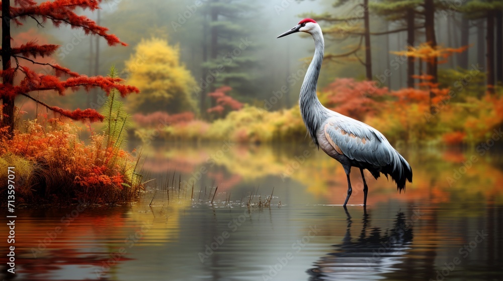 Poster elegant crane in tranquil waters reflecting serenity - ai-generative