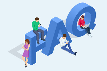 Isometric Question Marks, Message box with question, Chatbot technology, AI chat bot based on artificial intelligence. Woman and Man Ask Questions and receive Answers.