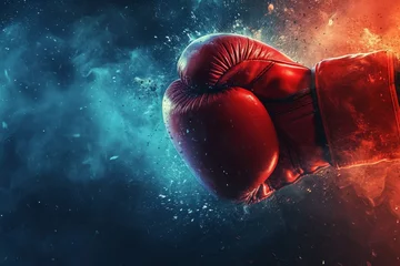 Tuinposter Close-up of a red boxing glove with dynamic motion effect against a dark, smokey background. © Luiri Art