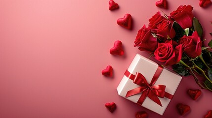 Soft Pink Elegance - Roses, Hearts, and Gift Box in a Minimalist Valentine's Day Concept