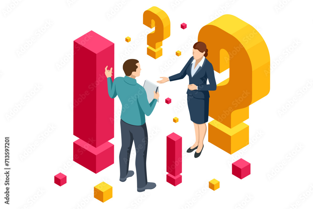 Poster isometric question marks, message box with question, chatbot technology, ai chat bot based on artifi