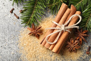 Different spices and fir branches on gray table, flat lay