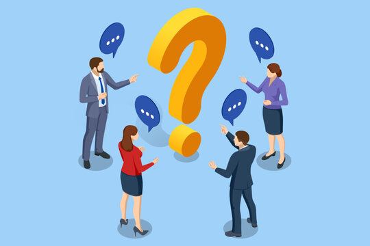 Isometric Question Marks, Message box with question, Chatbot technology, AI chat bot based on artificial intelligence. Woman and Man Ask Questions and receive Answers.
