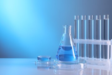 Laboratory analysis. Different glassware on table against light blue background, space for text
