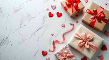 Elegant Simplicity - White Surface with Craft Paper Gifts and Playful Hearts, Valentine's Day Concept