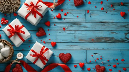 Fresh Symmetry - Sky-Blue Wooden Background with White Gift Boxes, Valentine's Day Concept