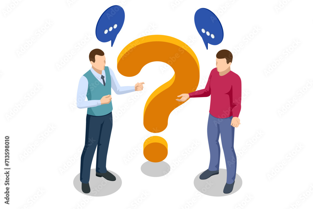 Poster isometric question marks, message box with question, chatbot technology, ai chat bot based on artifi