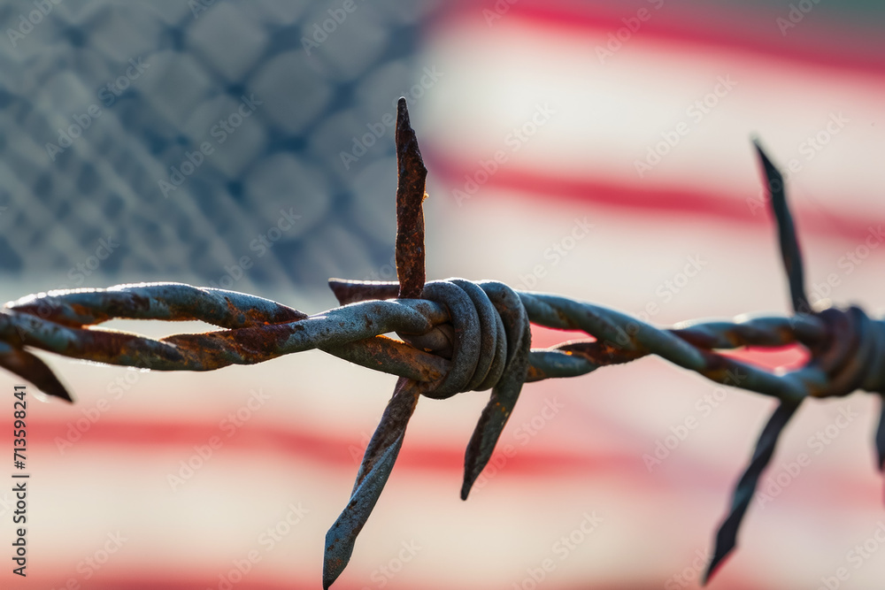Poster us state border fence. background with selective focus and copy space
