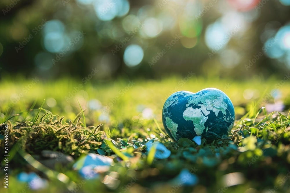 Poster planet earth in the shape of a heart. background with selective focus and copy space