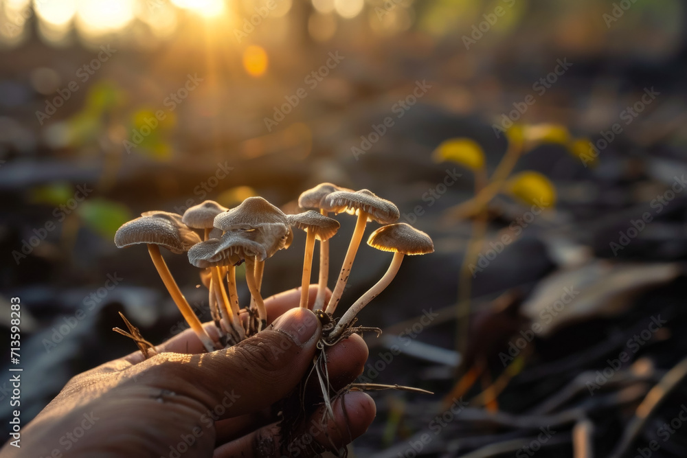 Poster mushroom in hand. background with selective focus and copy space