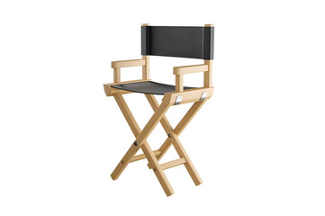 a wooden director's chair with a black seat, movie set, movie scene, prop, movie set