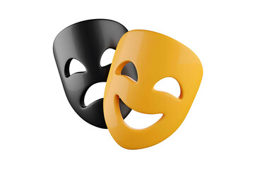 a couple of masks sitting next to each other, theater mask, drama masks, smiling mask, comedy, masks, black. yellow, bright mood, smirk, mask