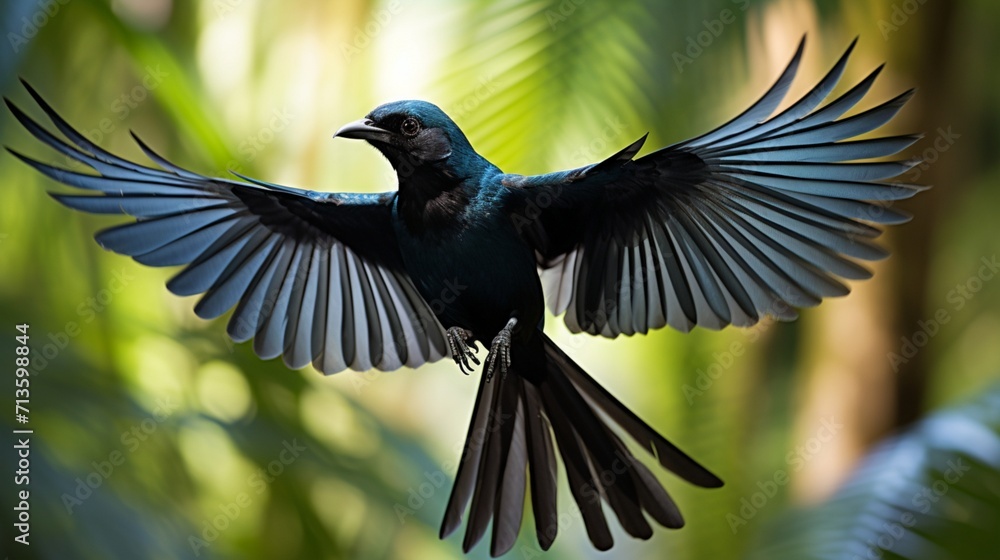 Poster a greater racket-tailed drongo displaying intricate plumage patterns in majestic flight - ai-generat