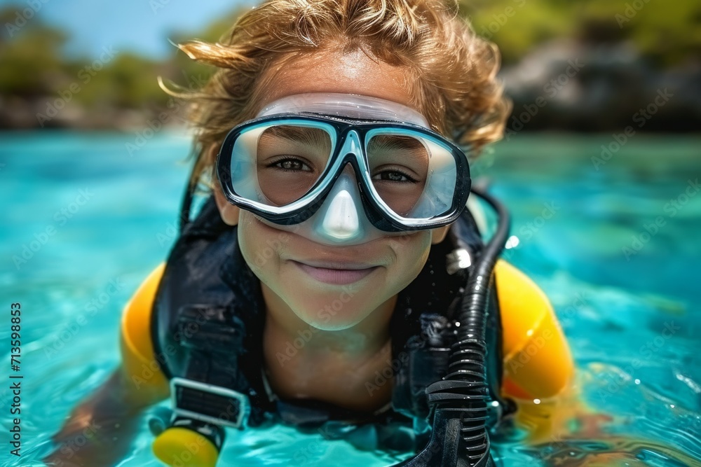 Poster child at diving lessons. background with selective focus and copy space