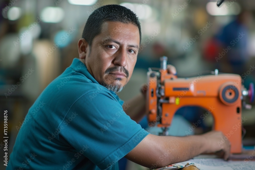 Poster workers at a textile factory. background with selective focus and copy space